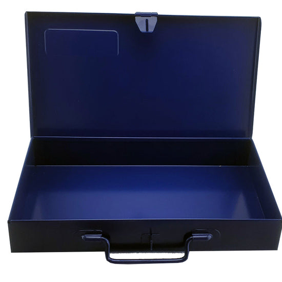 Dark Blue Metal Tool Case With Hinged Lid And Latch, Ideal For 3/8" Socketry