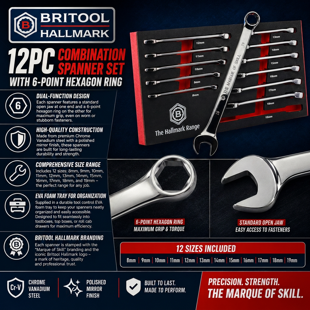 12PC Combination Spanner Set with 6-Point Hexagon Ring by Britool Hallmark - image 2