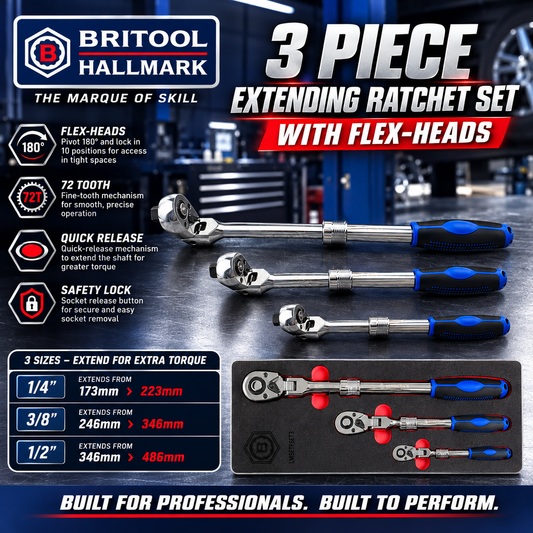 3Pc Extending Ratchet Wrench Set With Flex-Heads - Britool Hallmark - image 2