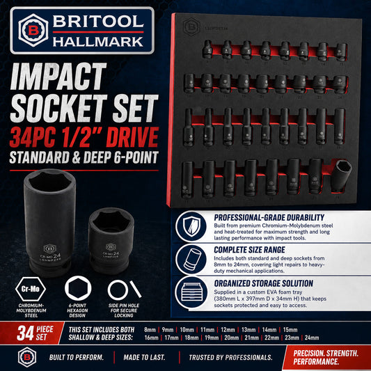 Britool Hallmark Impact Socket Set, 8-24mm - 34Pc 1/2" Drive Standard & Deep 6-Point - image 2