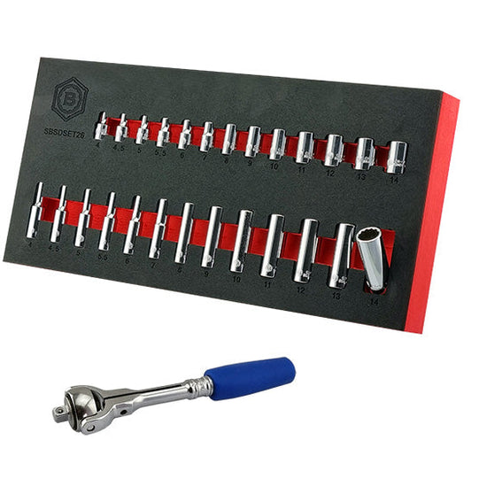 26Pc 1/4" Dr. Standard & Deep Bi-Hex (12-Point) Socket Set + Free Ratchet