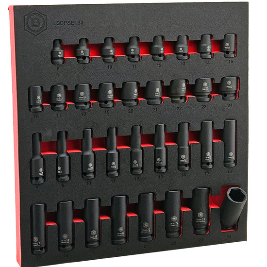 Britool Hallmark Impact Socket Set, 8-24mm - 34Pc 1/2" Drive Standard & Deep 6-Point