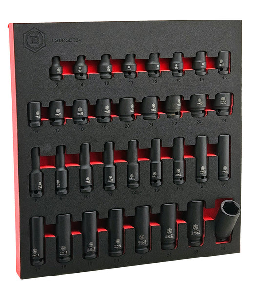 Britool Hallmark Impact Socket Set, 8-24mm - 34Pc 1/2" Drive Standard & Deep 6-Point