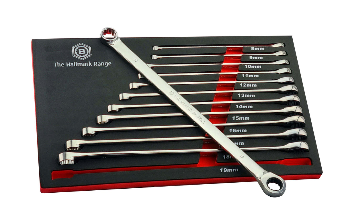 12Pc Extra-Long Double Ring Ratchet Spanner Set - Britool Hallmark