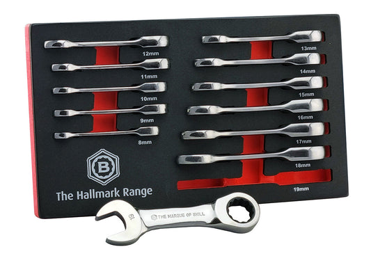 12pc Stubby Ratchet Spanner Set 8-19mm - Britool Hallmark